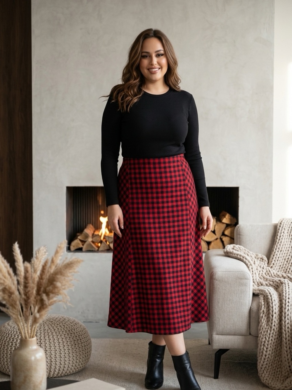 J Jill Women’s Sz L ponte knit A-line classic red/black check pattern midi skirt